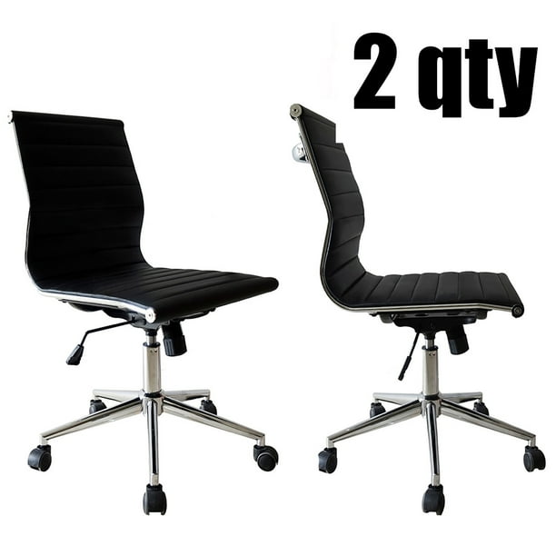 Office Task Chairs Mid-Back Armless Ribbed PU Leather Swivel Conference Chair Black Set of 2